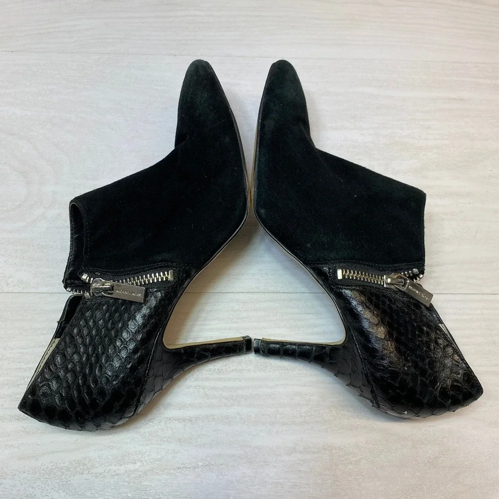 Michael Kors Womens 8M Booties Suede Snake Leather Black Stiletto Zip Shooties